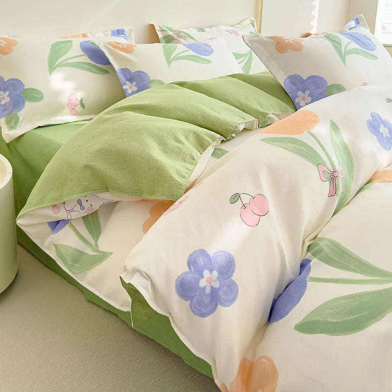 DecorBites™ Cozy Flower Print Bedding Set: Brushed Cotton, Skin-Friendly, Soft, Thick, 4Pcs