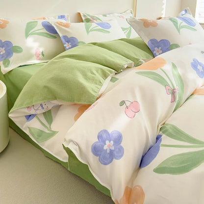 DecorBites™ Cozy Flower Print Bedding Set: Brushed Cotton, Skin-Friendly, Soft, Thick, 4Pcs