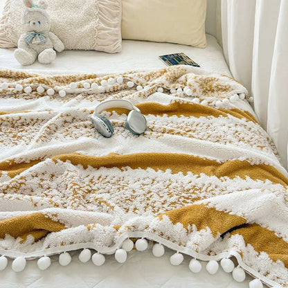 DecorBites™ Jacquard Fluffy Ball Lace Blanket | Double Sided Fluff Warm Sofa Cover