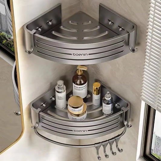 DecorBites™ Corner Shelf with Towel Bar Hook, Aluminum Organizer for Bathroom and Kitchen
