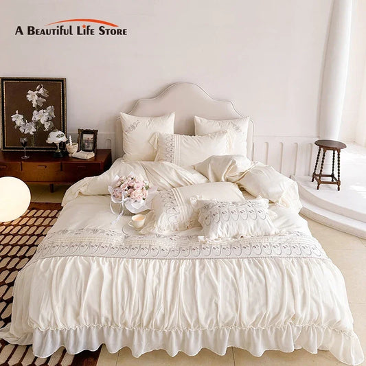 DecorBites™ Flowers Embroidery Princess Wedding Lace Bedding Set 1200TC Cotton Duvet Cover Flat Sheet Pillowcases