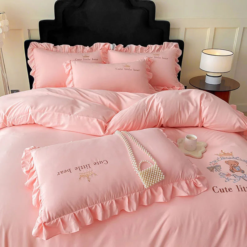 DecorBites™ French Embroidered Cotton Bed Skirt Set with Ruffled Edges