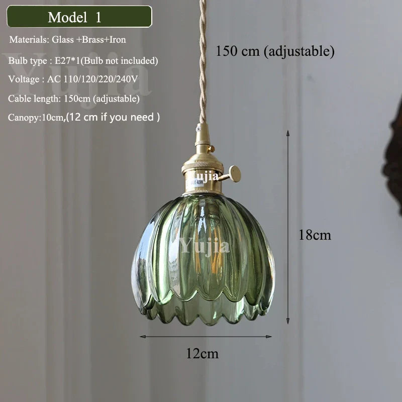 Vintage Green Glass Pendant Light With Brass Finish