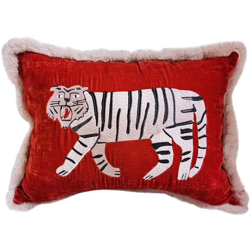 DecorBites™ Furry Tiger Embroidery Velvet Cushion Cover 40x55cm: Retro Charm Luxury Home Decor