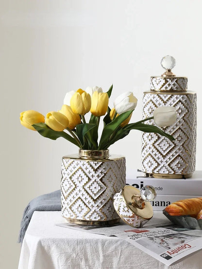DecorBites™ Geometric Golden Relief Decorative Jar - Ceramic Crystal Vase Storage Jar