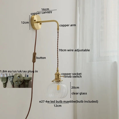 DecorBites™ Glass Copper LED Wall Lights with Knob Switch, Modern Bedside Lamp