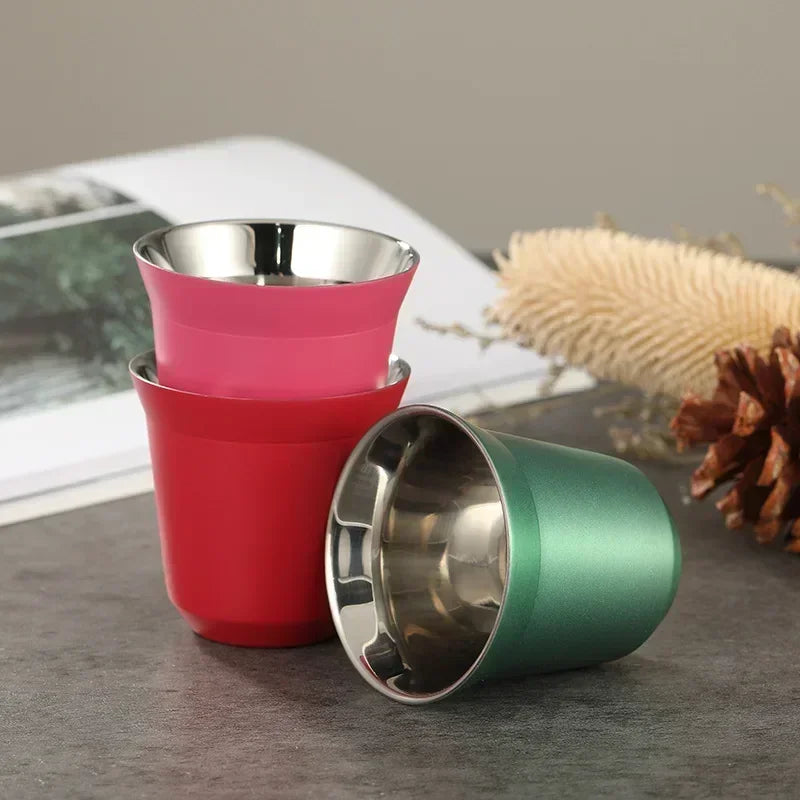 DecorBites™ Double Wall Espresso Mugs 80ml - Set of 2 Stainless Steel Heat Insulated Cups