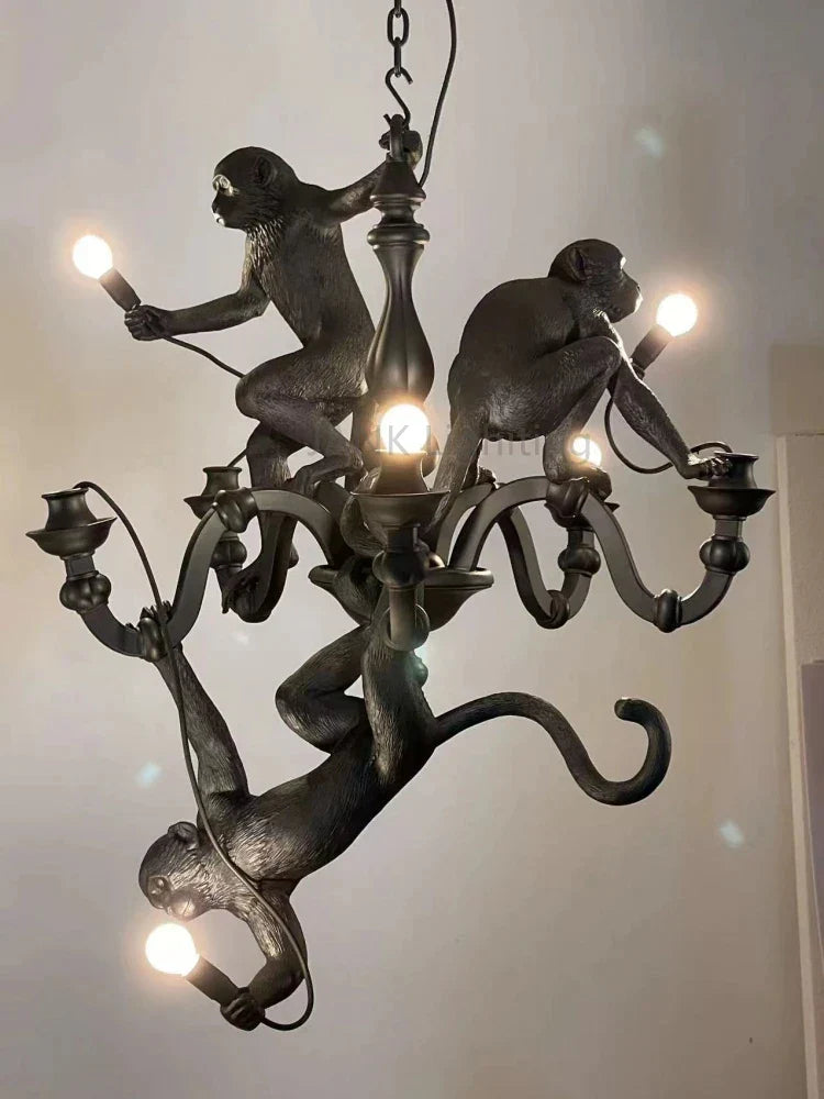 DecorBites™ 3 Monkeys Pendant Chandelier - Black White Resin - High-end Indoor LED Decor