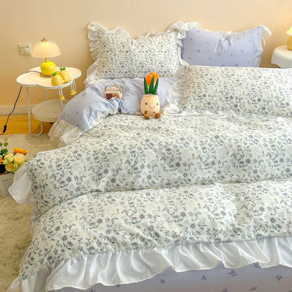 DecorBites™ Korean Princess Floral Ruffles Bedding Set: Single/Queen Duvet, Cover, & Pillowcases
