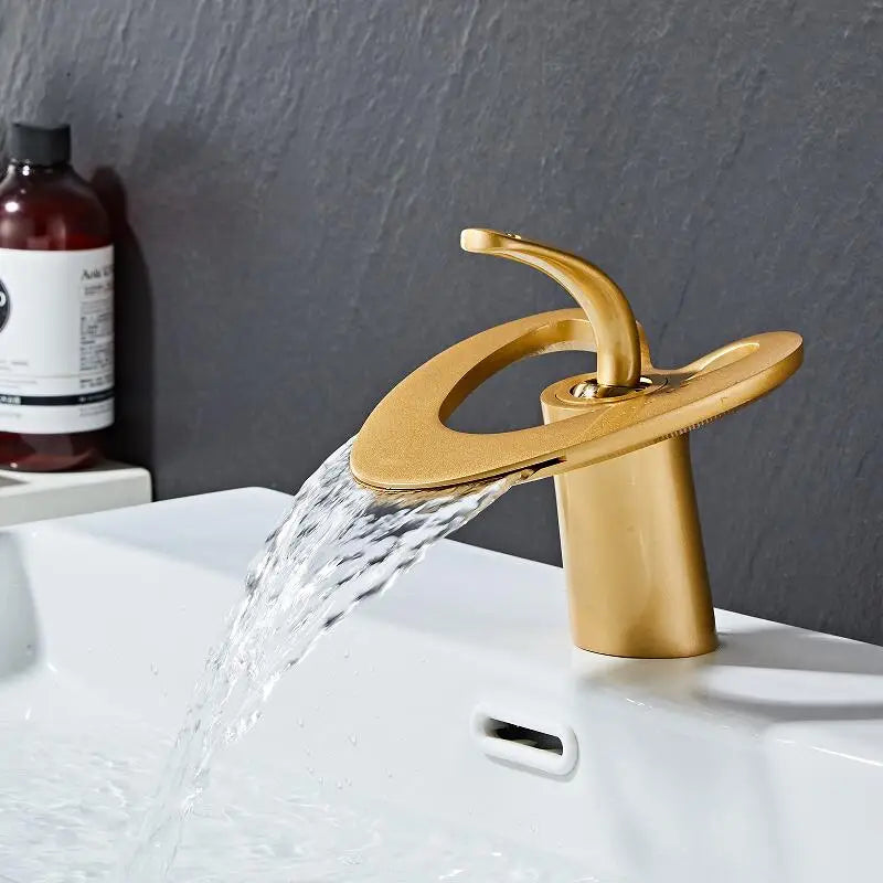 DecorBites™ Golden/White Basin Faucet: Black Brass Waterfall Sink Mixer Tap, Hot & Cold.