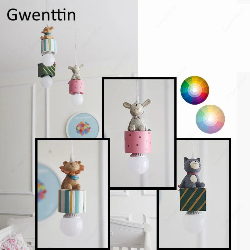 DecorBites™ Kids Animal Pendant Lamp: Rabbit Lion Cat LED Ceiling Light Fixture