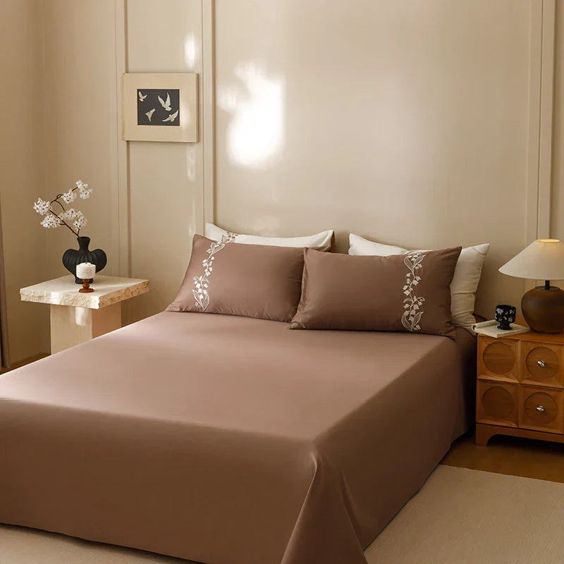 DecorBites™ Elegant Lily of the Valley Embroidery Brown Cotton Bedding Set