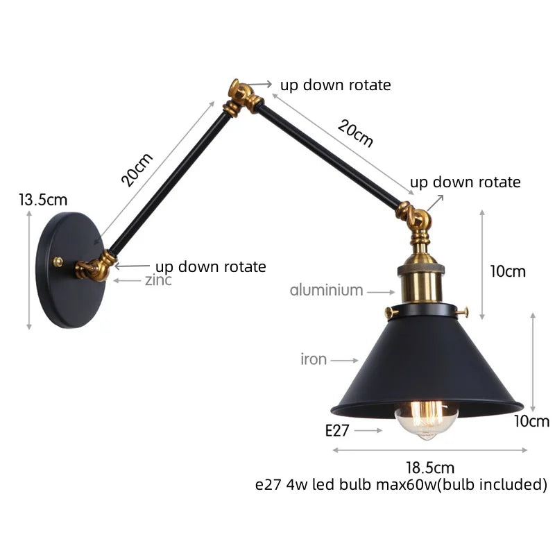 DecorBites™ Gold Long Arm LED Wall Sconce with Pull Chain Switch, Adjustable Industrial Bedside Lamp