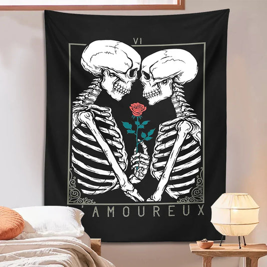 DecorBites™ Kissing Lovers Tarot Tapestry: Skeleton & Rose Hippie Room Decor