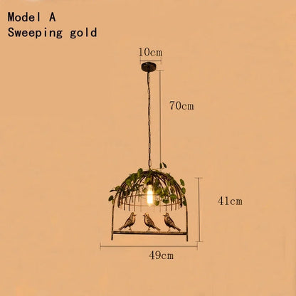 DecorBites™ Iron Bird Cage Chandelier with Green Leaf Decoration and LED Lamps
