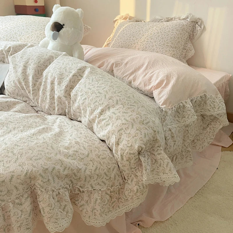 DecorBites™ Korean Lace Ruffles Bedding Set with Bed Skirt, Soft Skin-Friendly Material