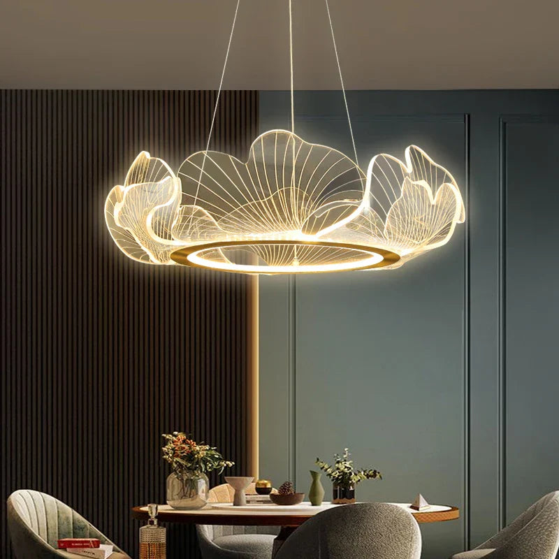 DecorBites™ Ginkgo Acrylic LED Pendant Chandelier Light, Gold Metal, Dimmable, Modern Minimalism