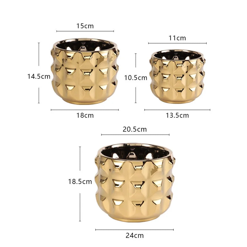 DecorBites™ Gold Ceramic Flower Pot Geometry Vase for Succulents and Floral Arrangements
