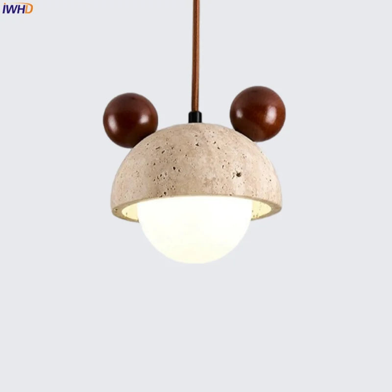 DecorBites™ Cream Glass LED Pendant Lights Modern Wood Yellow Travertine Pendant Lamp