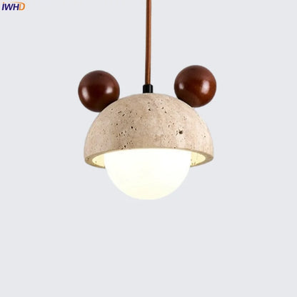 DecorBites™ Cream Glass LED Pendant Lights Modern Wood Yellow Travertine Pendant Lamp