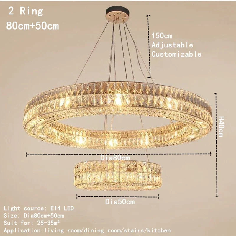 Crystal Ring Pendant Light Gold 2-Ring D100cm