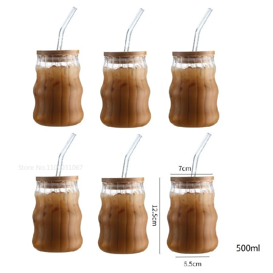 DecorBites™ Glass Cup Set with Lid and Straw, Transparent Drinkware for Tea, Juice, Beer or Milk
