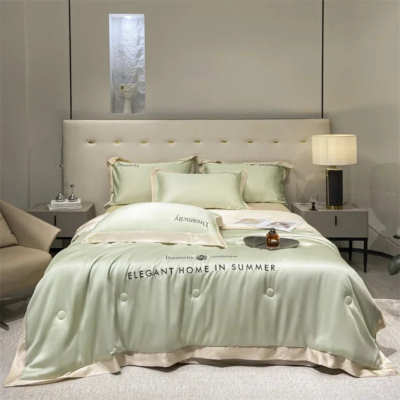 DecorBites™ Ice Silk Embroidered Quilt Set: Luxury European Style, Cooling Comforter