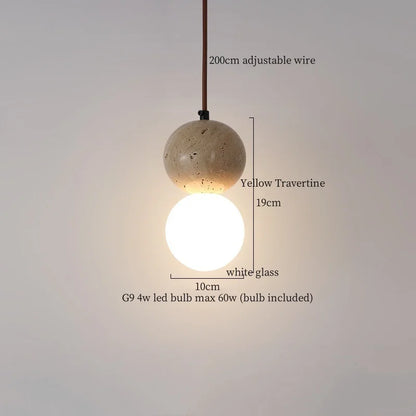 Yellow travertine sphere pendant light with white glass globe decorbites led pendant lights for modern interiors