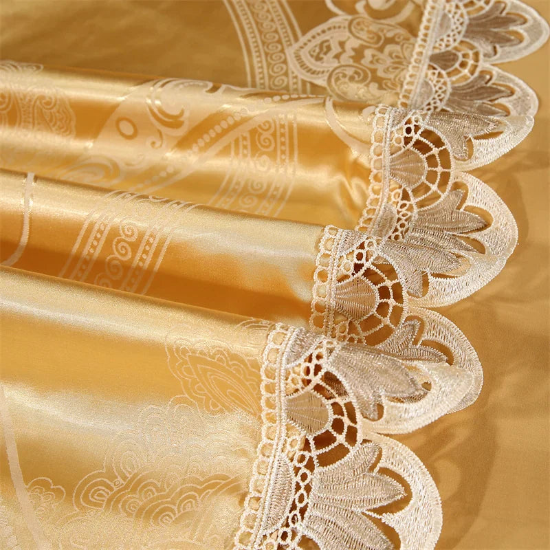 DecorBites™ Golden Jacquard Cotton Lace Bedding Set - Silky Soft Duvet Cover, Flat Sheet, Pillowcase