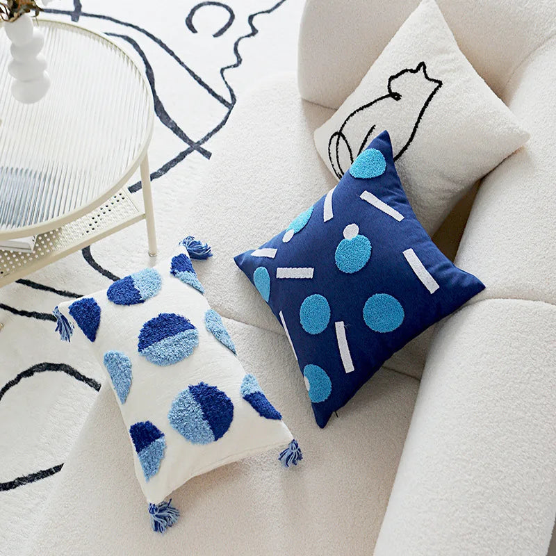 Blue Tufted Embroidered Pillow