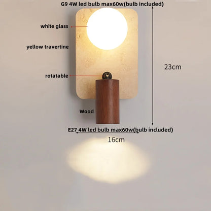 DecorBites™ LED Wall Lamp 2 Glass Ball White, Yellow Travertine Stone Indoor Light