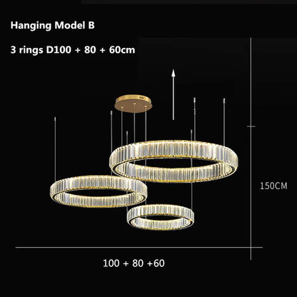 DecorBites™ Gold Crystal Round Ring Chandeliers with LED Pendant Light for Ceiling Lighting
