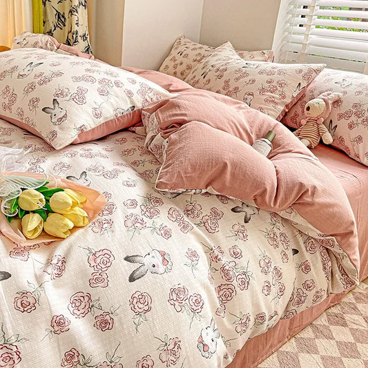 DecorBites™ Cotton Flower Printed Comforter Set: Breathable Double-Layer Yarn, Soft Bedding for Girls