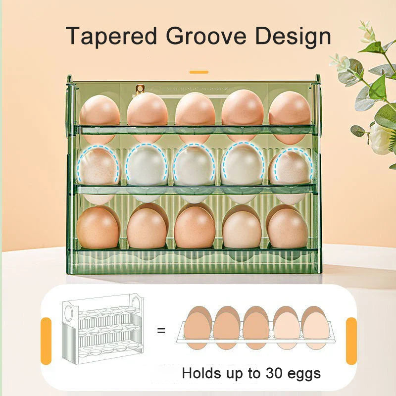DecorBites™ 30-Grid Egg Holder Dispenser for Refrigerator: Large Capacity Auto-Flip Container