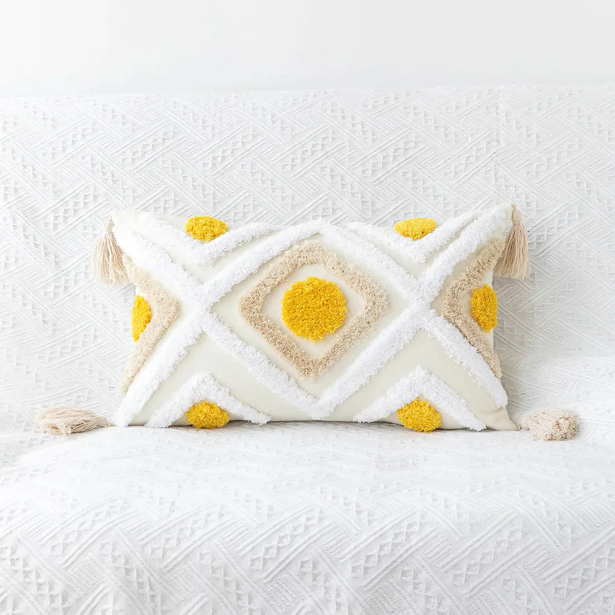 DecorBites™ Geometric Tufted Embroidery Flowers Boho Cushion Cover with Tassel
