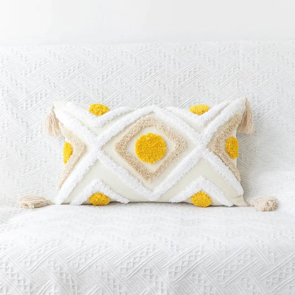 DecorBites™ Geometric Tufted Embroidery Flowers Boho Cushion Cover with Tassel