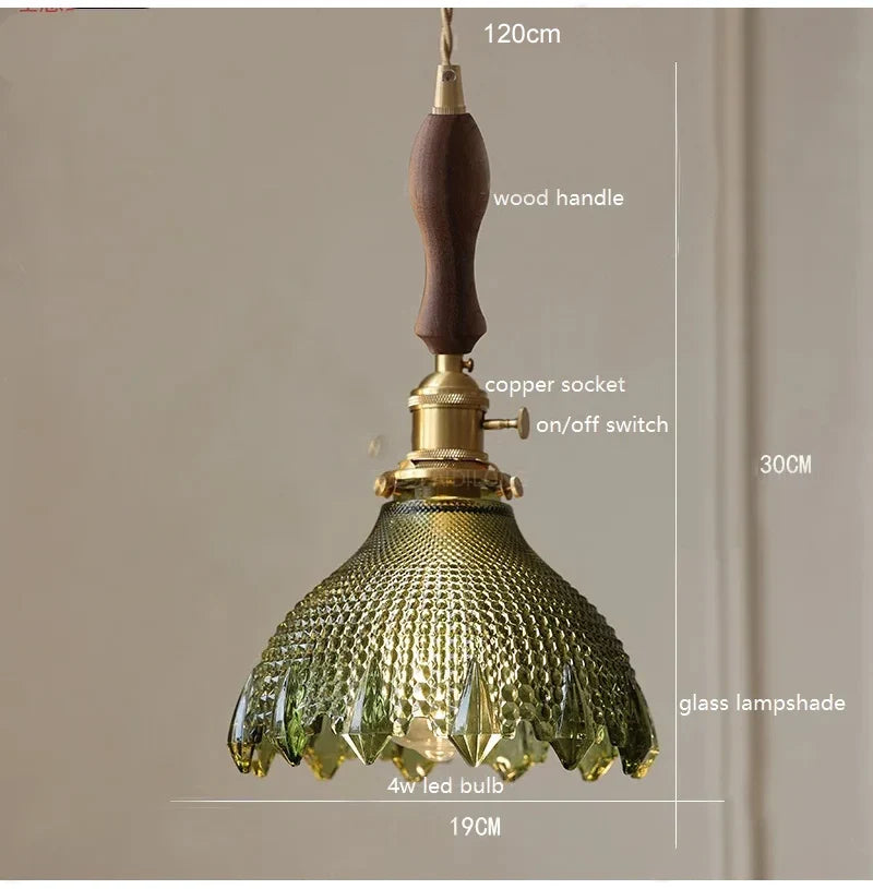 Korean Retro Glass Pendant Light With Wood Accent