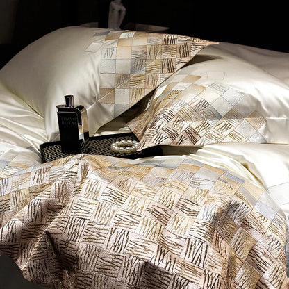 DecorBites™ 4-Piece Luxury Embroidery Bedding Set in Pearl White/Grey Satin Brocade Cotton