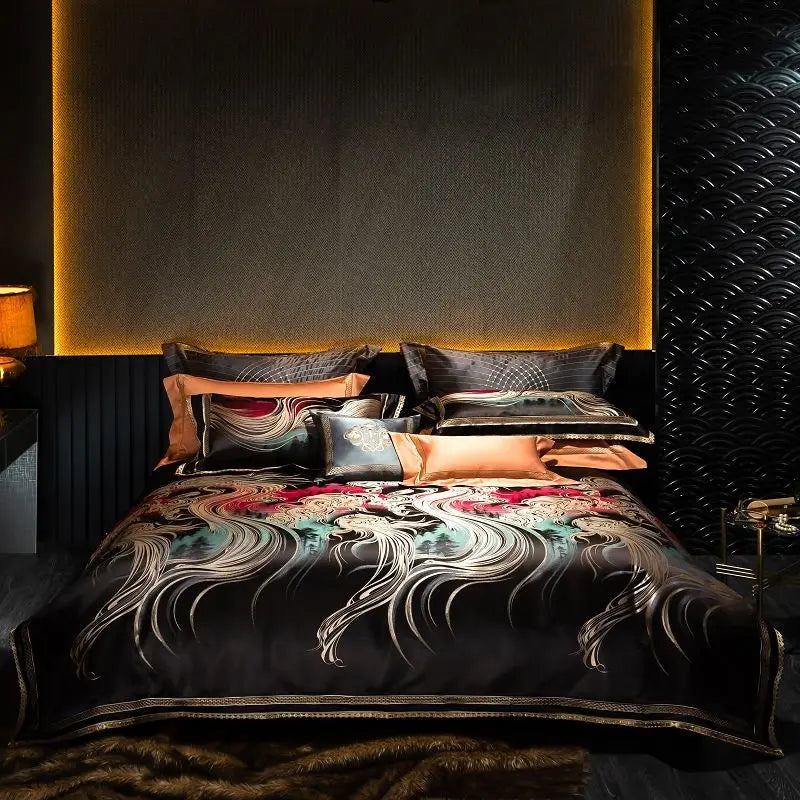 DecorBites™ Embroidered Brocade Egyptian Cotton Duvet Cover Set, Black Gold