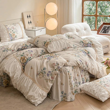 DecorBites™ French Pastoral Princess Lace Bedding Set with Ruffles, 100% Cotton, Queen King