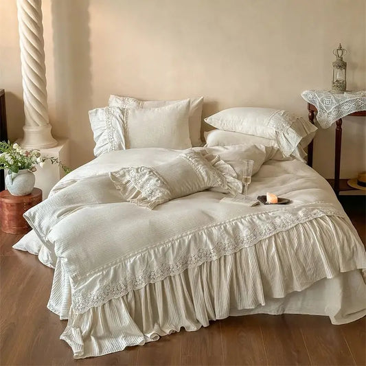 DecorBites™ French Lace Ruffle Embroidery Bedding Set with Natural Health Skin Fabric