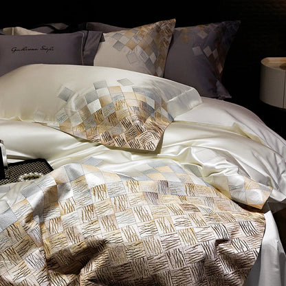 DecorBites™ 4-Piece Luxury Embroidery Bedding Set in Pearl White/Grey Satin Brocade Cotton