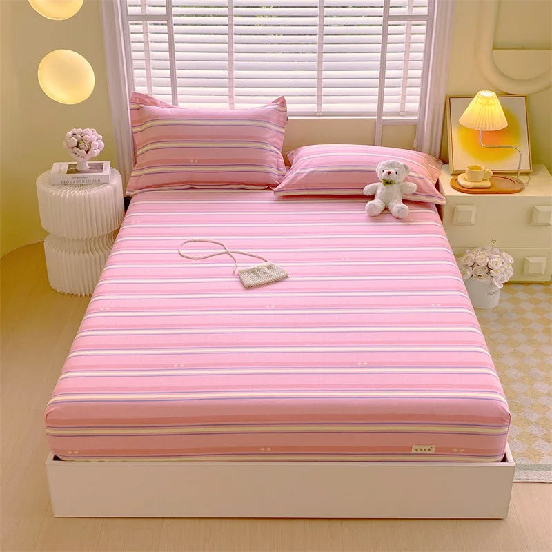 DecorBites™ Cotton Striped Fitted Bed Sheet for Queen Double Mattress Cover