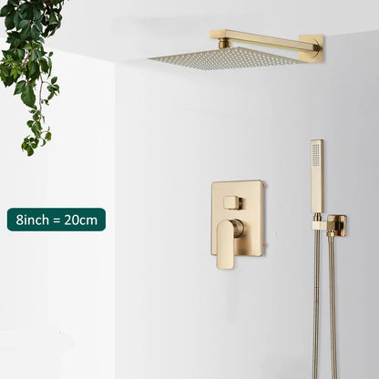 Quyanre Brushed Gold Shower Faucets Set Bathroom Wall Mounted Shower System Embedded Box Shower Mixer Tap Rainfall Shower Faucet