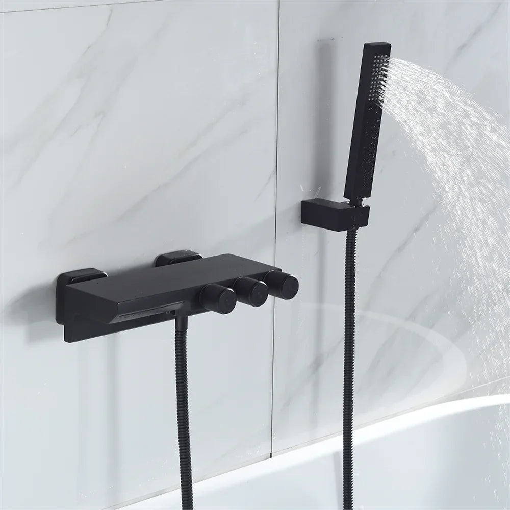 DecorBites™ Gold/Black Tub Shower Set Wall Mount Waterfall Mixer Tap Brass Rotatable