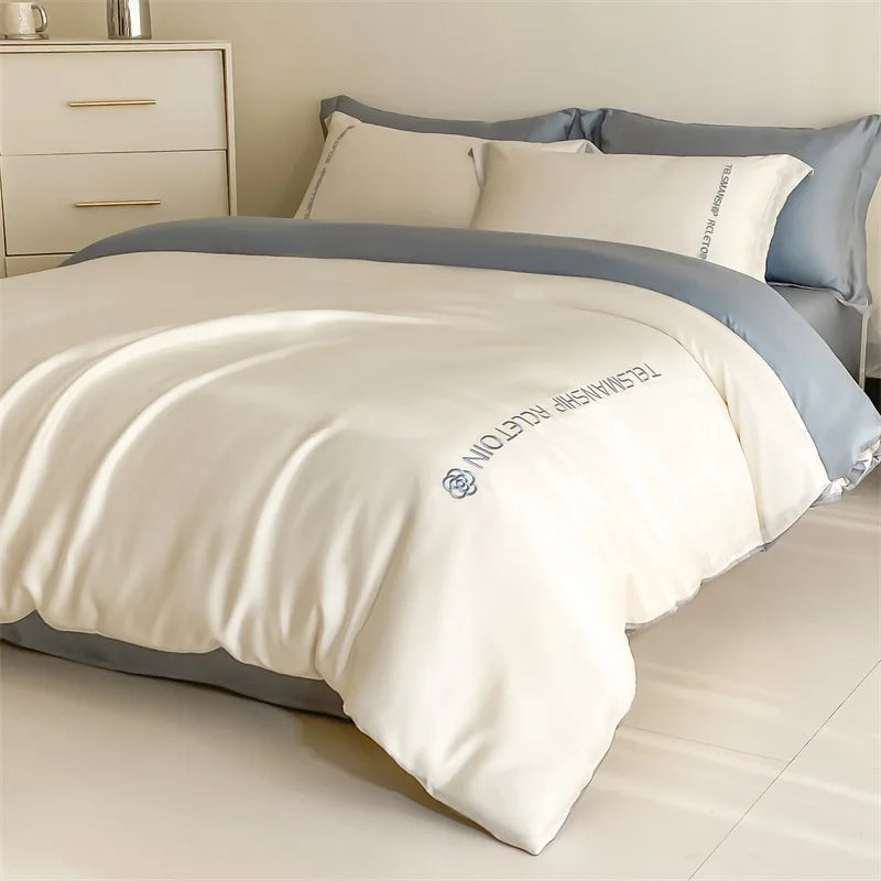 DecorBites™ Cotton Solid Color Bedding Set, Premium Quality Embroidery Quilt Cover, Single Bed.