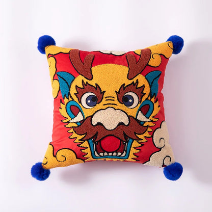 DecorBites™ Dragon Year Cushion Cover 45x45cm Decorative Throw Pillow with Hair Ball Embroidery