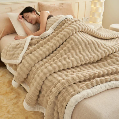 DecorBites™ Cozy Rabbit Plush Blanket: Soft Striped Warm Sofa Throw, Absorbent Breathable Nap Blanket