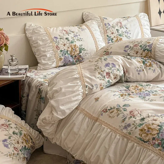 DecorBites™ French Pastoral Princess Lace Bedding Set with Ruffles, 100% Cotton, Queen King
