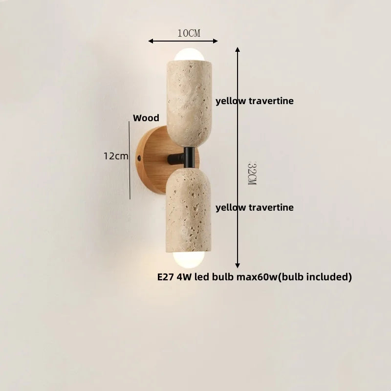 DecorBites™ LED Wall Light Fixture Travertine Stone Wood Canopy Bedside Lamp